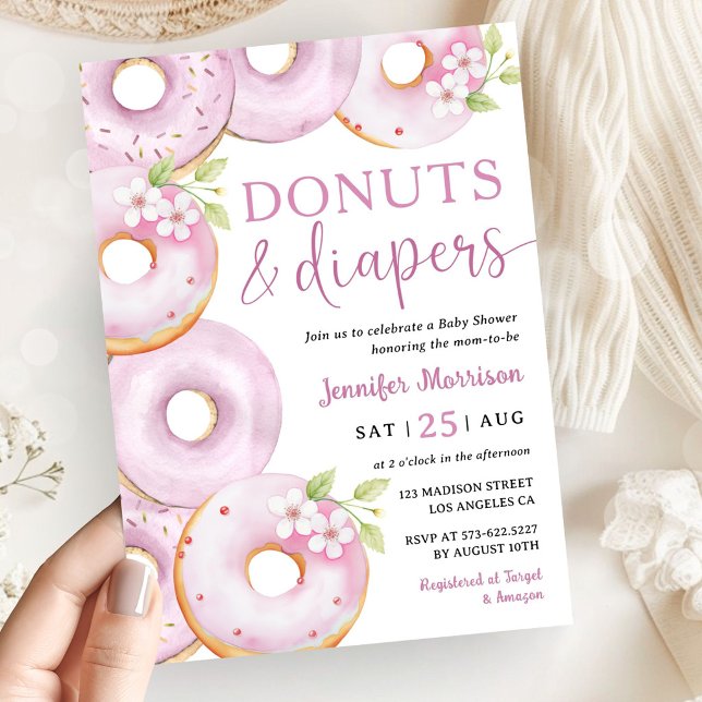 Invitación Chica de Donuts y Pañales Fiesta de Bebé Rosa (Subido por el creador)
