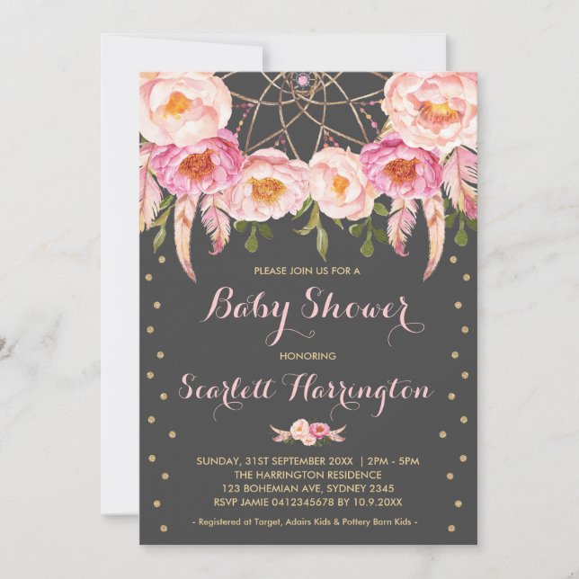 Invitación Chica de Dreamcatcher Rosa Baby Shower Boho Floral (Anverso)