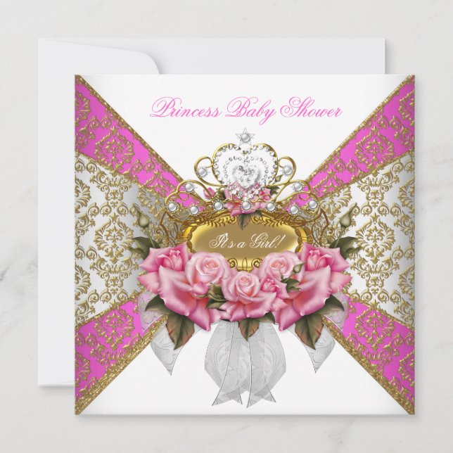 Invitación Chica de ducha de bebé blanca rosa princesa damasc (Anverso)