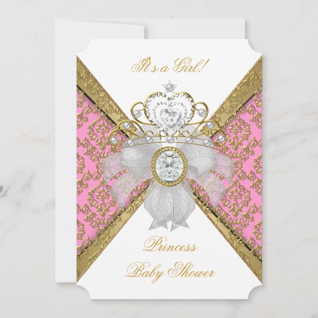 Invitación Chica de ducha de bebé blanca rosa princesa damasc (Anverso)