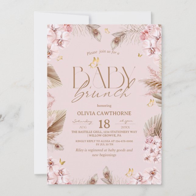 Invitación Chica de ducha de bebé boho rosa sonrosado Brunch  (Anverso)