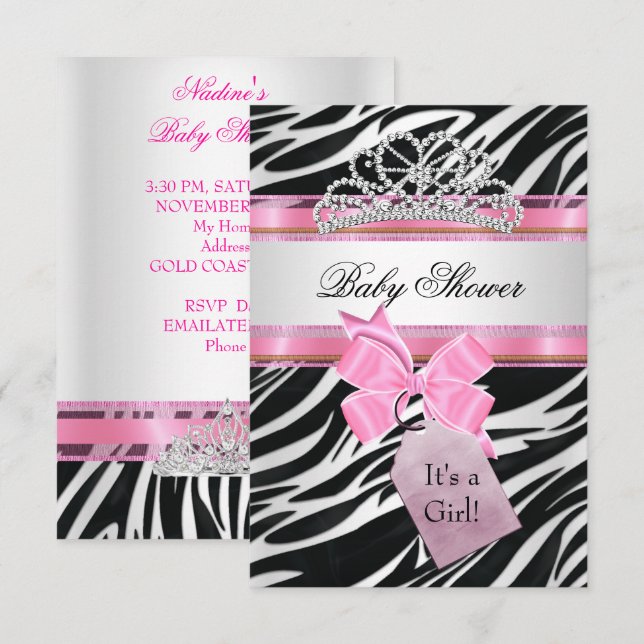 Invitación Chica de ducha de bebé Cebra Rosa Princesa Tiara (Anverso / Reverso)
