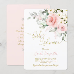 Invitación chica de ducha de bebé de color rosa con motivos f