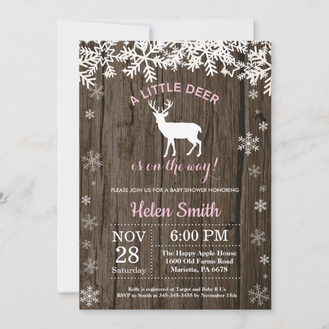 Invitación Chica de ducha de bebé de invierno de ciervos de b (Anverso)