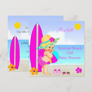 Invitación Chica de ducha de bebé de playa Sombrero rosa teal