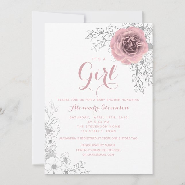 Invitación Chica de ducha de bebé de tono rosa con flores (Anverso)