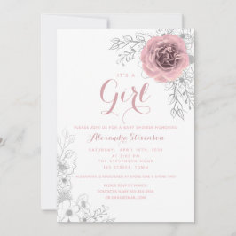 Invitación Chica de ducha de bebé de tono rosa con flores