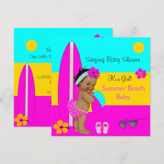 Invitación Chica de ducha de bebé de verano Playa Bebé Surfin (Anverso / Reverso)