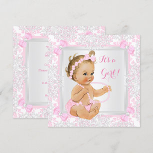 Invitación Chica de ducha de bebé encaje damasco rosa rubia