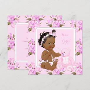 Invitación Chica de ducha de bebé floral vintage oso rosa étn