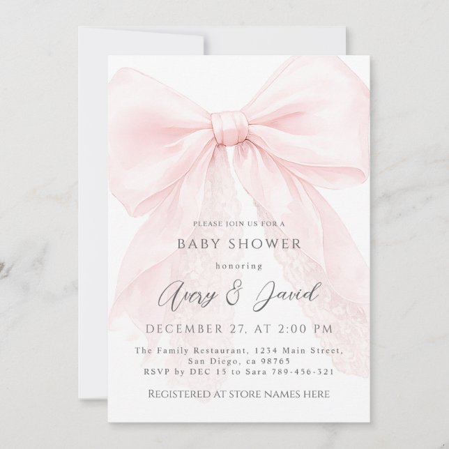 Invitación Chica de ducha de bebé moderna con lazo rosa (Anverso)