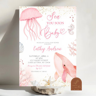 Invitación Chica de Ducha de Bebé Océano Rosa Te Veremos Pron
