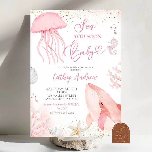 Invitación Chica de Ducha de Bebé Océano Rosa Te Veremos Pron (Subido por el creador)