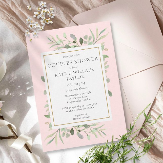 Invitación Chica de ducha de bebé para parejas Greenery rosa (Subido por el creador)