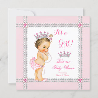 Invitación Chica de ducha de bebé princesa perlas rosadas mor