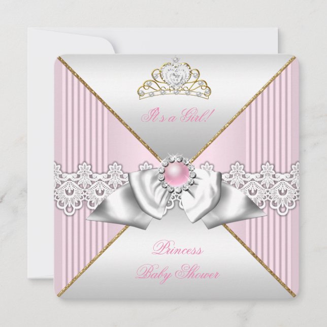 Invitación Chica de ducha de bebé princesa rosa perla oro pla (Anverso)