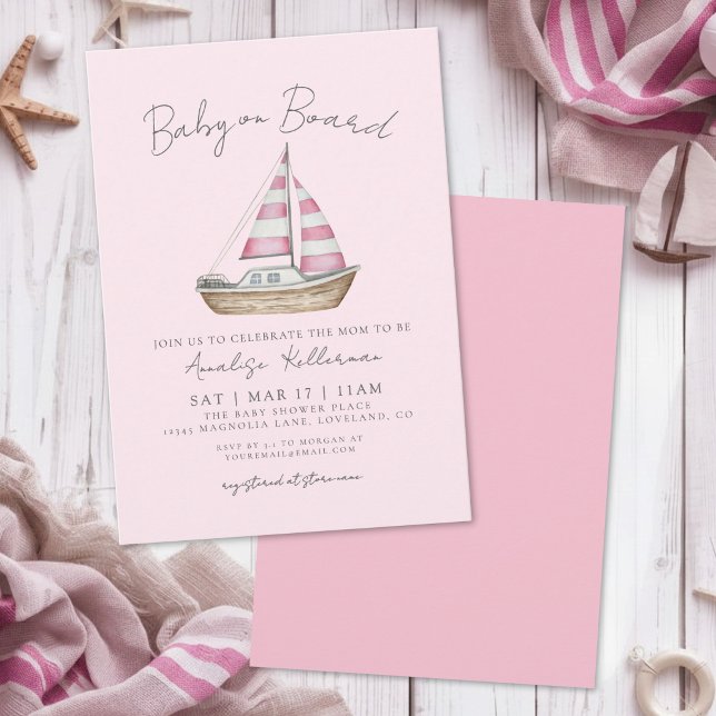 Invitación Chica de ducha de bebé rosa náutico (Nautical Pink Girl Baby Shower Invitation )