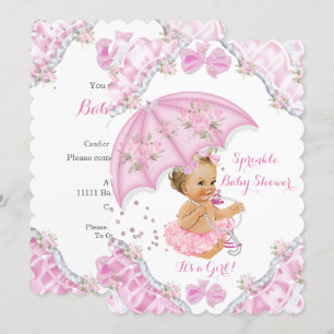 Invitación Chica de ducha de bebé rubia Paraguas rosa Flores