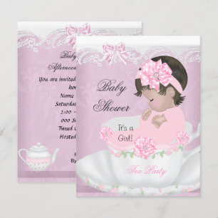 Invitación Chica de ducha de bebé vintage rosa bebé en taza d