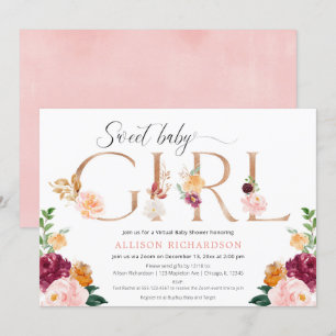Invitación Chica de ducha de bebé virtual rosa oro burgundy r
