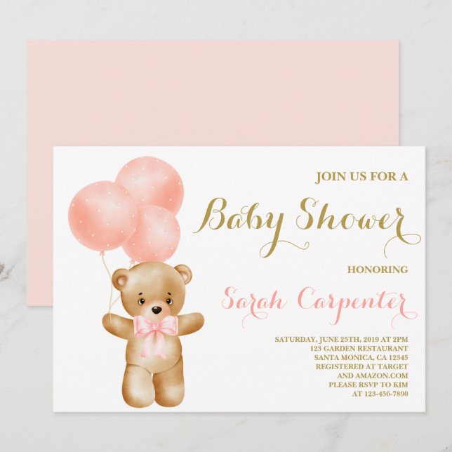 Invitación Chica de ducha para bebé de oso rosa (Anverso / Reverso)