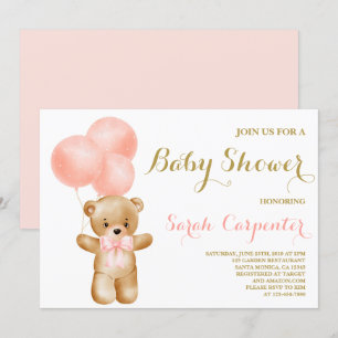 Invitación Chica de ducha para bebé de oso rosa