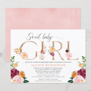 Invitación chica de ducha  rosa de oro burdeos