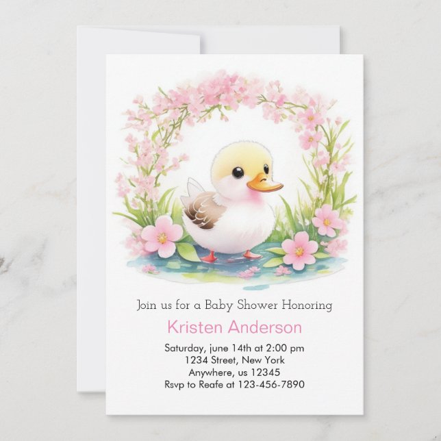 Invitación Chica de Duckling con flores rosadas deslumbrante  (Anverso)