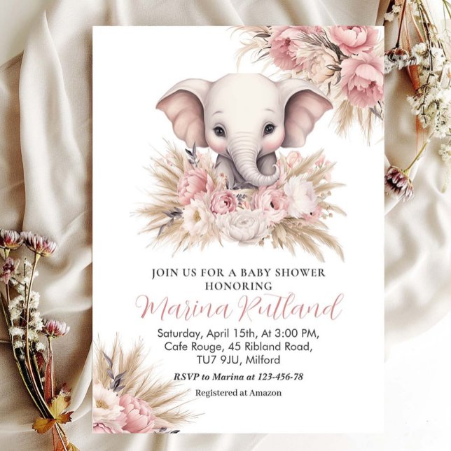 Invitación Chica de Elefante Boho Boho de Pampas Rosa Baby Sh (Subido por el creador)