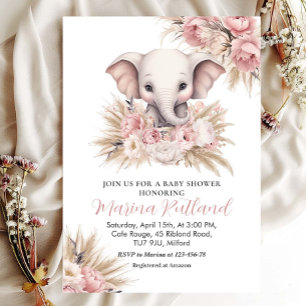 Invitación Chica de Elefante Boho Boho de Pampas Rosa Baby Sh