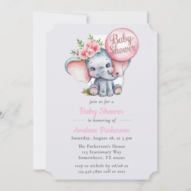 Invitación Chica de elefante floral Cute Watercolor (Anverso)
