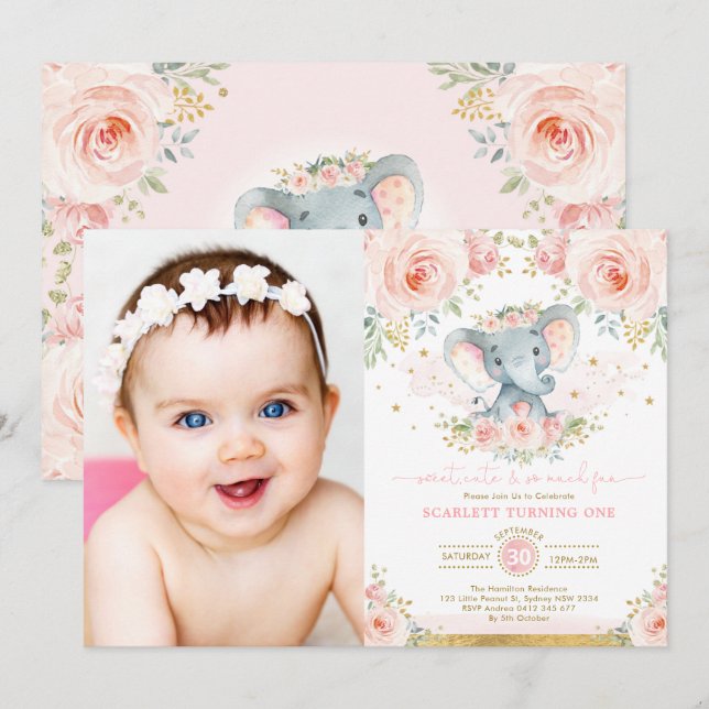Invitación Chica de Elefante Floral Rosa Rubor Primer Fiesta  (Anverso / Reverso)