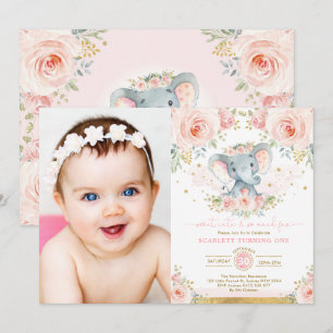 Invitación Chica de Elefante Floral Rosa Rubor Primer Fiesta