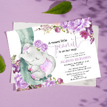Chica de elefante morado ducha de bebé floral
