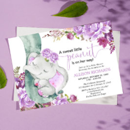 Invitación Chica de elefante morado ducha de bebé floral