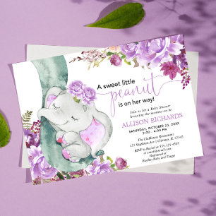Invitación Chica de elefante morado ducha de bebé floral