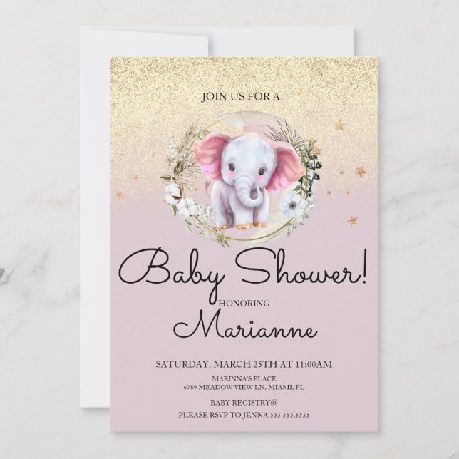 Invitación Chica de Elefante Rosa Baby Shower Faux Gold Purpu (Anverso)