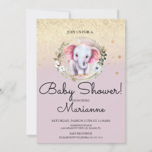 Invitación Chica de Elefante Rosa Baby Shower Faux Gold Purpu