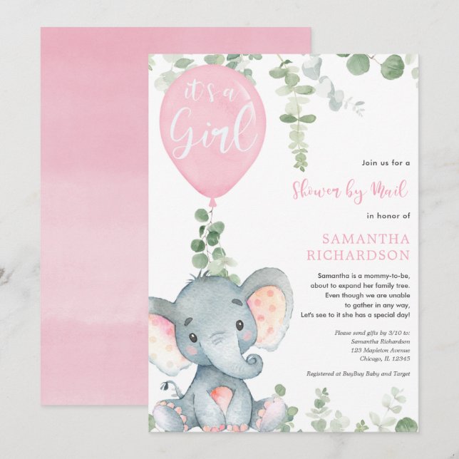 Invitación Chica de elefante suave por correo (Anverso / Reverso)