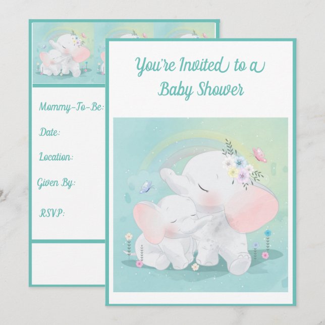 Invitación Chica de elefante verde Mint Baby Shower (Anverso / Reverso)