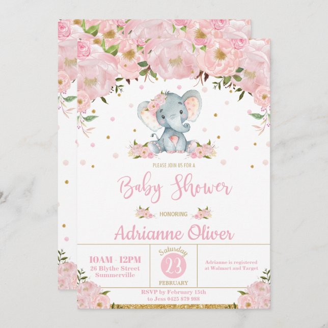 Invitación Chica de elefante Whimsical Floral Rosa Baby Showe (Anverso / Reverso)