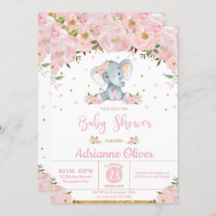 Invitación Chica de elefante Whimsical Floral Rosa Baby Showe