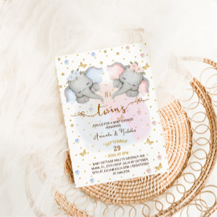 Invitación Chica de elefantes gemelos Baby Shower Boho