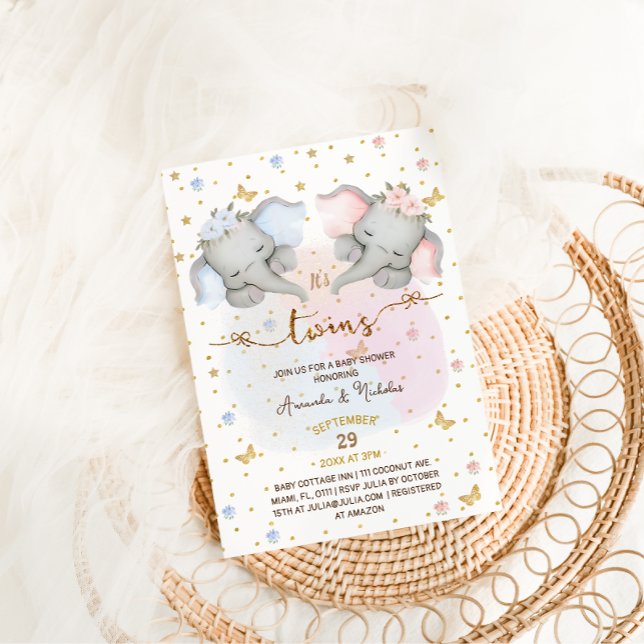 Invitación Chica de elefantes gemelos Baby Shower Boho (Subido por el creador)