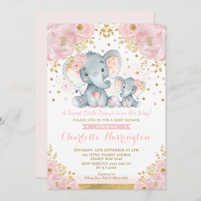 Invitación Chica de elefantes rosados y dorados Baby Shower (Anverso / Reverso)