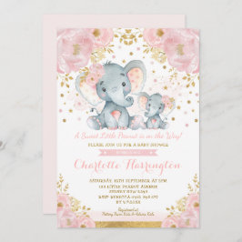 Invitación Chica de elefantes rosados y dorados Baby Shower