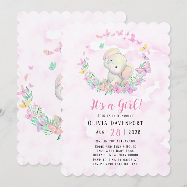 Invitación Chica de elefantes y mariposas (Anverso / Reverso)