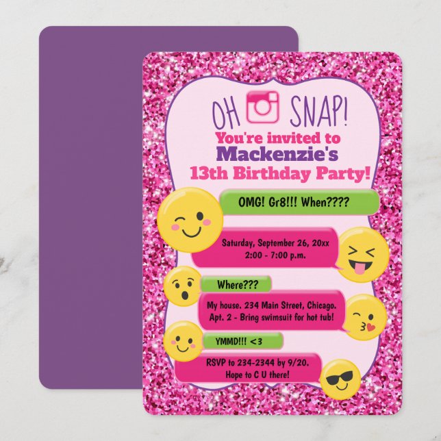 Invitación Chica de emoji Teen Tween Birthday Pink Purpurina (Anverso / Reverso)
