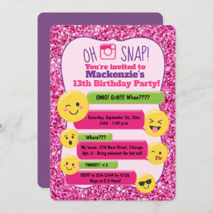 Invitación Chica de emoji Teen Tween Birthday Pink Purpurina