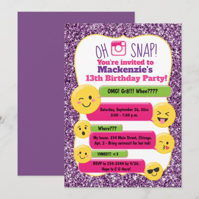 Invitación Chica de emoji Teen Tween Birthday Purple Purpurin (Anverso / Reverso)